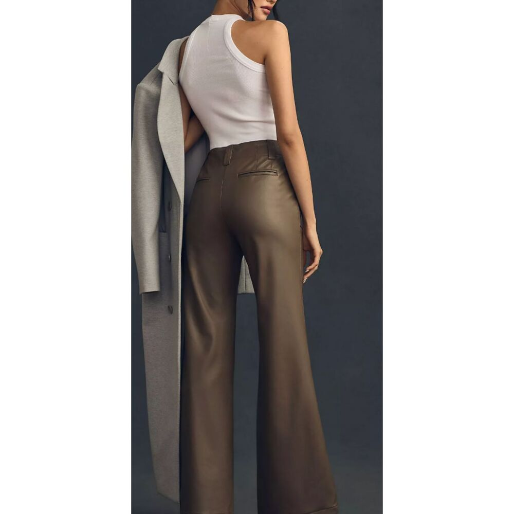 Anthropologie Maeve The Naomi Vegan Leather Wide Leg Flare Pants Taupe Gray Size - Picture 2 of 6